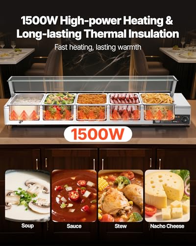VEVOR Commercial Food Warmer, 1500W Electric Stainless Steel Steam Food Warmer with Glass Cover, Countertop Buffet Bain Marie with Five 1/2 Size Food Pans, for Catering, Restaurant, Party & Buffets - size: 5*1/2Pan