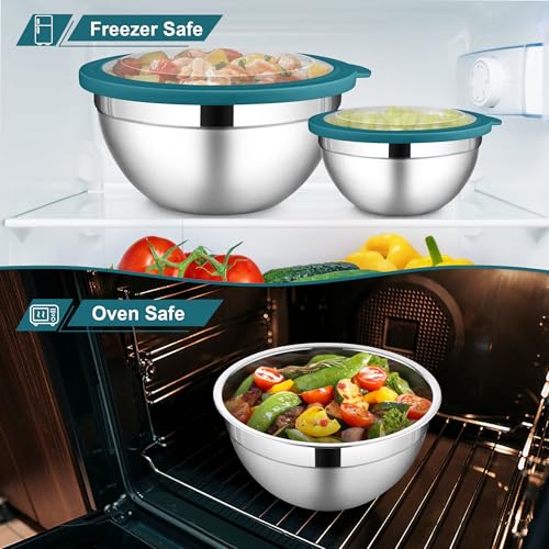 LIANYU 6 PCS Stainless Steel Mixing Bowls with Visible Lid for Food Storage - color: Dark Blue, style: Atlas Base with Visible Lids