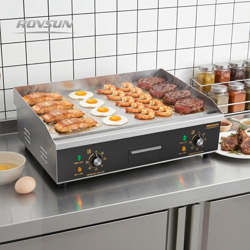 ROVSUN 26" Electric Griddle, Electric Countertop Half Flat Top Griddle, 3200W Grill Stainless Steel with Adjustable Temperature Control 122°F-572°F for Commercial Home Restaurant, Plug - size: 26"