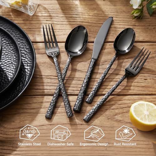 40 Piece Black Silverware Set,18/10 Stainless Steel Hammered Flatware for 8 - color: Black, size: 40-Piece