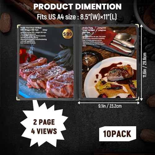 8.5 x 11 Inch Menu Covers 10 Pack Double Stitched Menu Sleeves 2 Pages / 4Views Menu Holder Crystal Clear Vinyl Protection Easy-Insert Design for Bar Cafe Restaurant Menu Covers - size: 10 Pack (2 Page, 4 View)