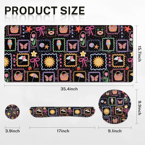 Britimes Keyboard Mouse Pad Set, 4 in 1 Desk Mat Set, Cute Sun Bow - color: Colorful Cute Cartoons