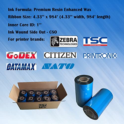 (10 Rolls) 4.33'' x 984' Premium Resin Enhanced Wax Ribbon, 110mm x 300m Black Thermal Transfer Ribbon, Barcode Thermal Label Printer Ribbon, CSO-Ink Outside, 1'' Core for Zebra, TSC, GoDex, Citizen - size: 4.33''x984'|10 Rolls