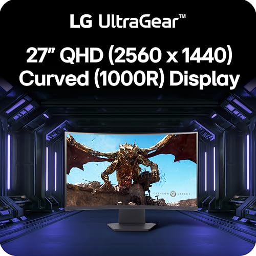 LG 27GS60QC-B Ultragear 27-inch Curved Gaming Monitor QHD (2560x1440) 180Hz 1ms 1000R AMD FreeSync HDR10 HDMIx2 DisplayPort Borderless Design Black Stabilizer DAS Crosshair FPS Counter - Black - size: 27 inch, style: 180Hz