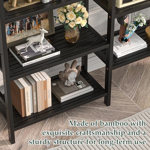 Homykic 72.5” Tall Bamboo Bookshelf Black, 6-Tier Double Wide Open Bookcase - color: Black, size: Double Wide
