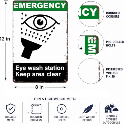 Emergency Eye Wash Station 8X12 Inch Aluminum Metal Sign, Decor for Industrial Workshops, Laboratories, Construction Sites, Factory Safety Zones, Commercial Workplaces