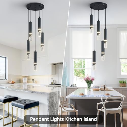 Modern Dimmable Led Pendant Lights Kitchen Island, Ideal for Living Room, Bedroom,Sink 30w LED Crystal Energy-Saving Hanging Lamp for Cozy Lighting (Black 5 Light) - size: 5-Light