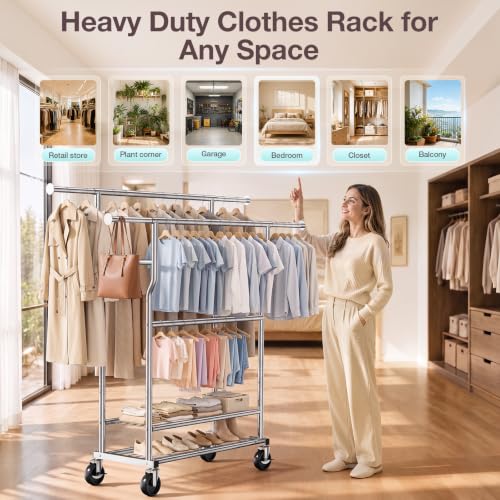 Heavy Duty Clothes Rack Load 960LBS, Adjustable Three Rods Rolling Garment Rack with Double-Layer Bottom Shelf, Portable Commercial Clothing Rack for Hanging Clothes with Wheels, Silver - color: Silver