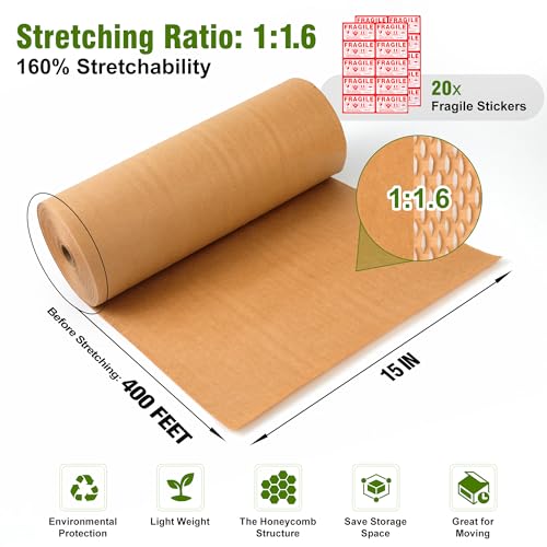 Honeycomb Packing Paper 15" Width X 400 FT for Moving Glass Dishes Recyclable Wrapping Paper Bubble Wrap Packing Material for Shipping Fragile Items Shipping Filler with 20 Fragile Stickers - size: 15"x400'