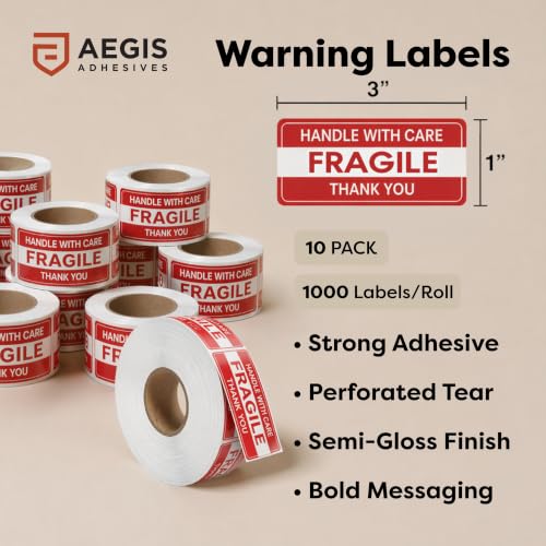 1" X 3" Fragile Stickers for Shipping (10000 Labels, 10 Rolls) - color: Fragile 1" X 3"