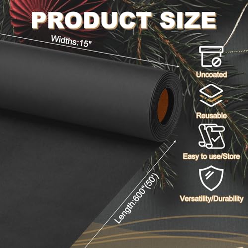 PATIKIL Wrapping Paper, 15"x600"(50') Bulletin Board Paper Roll Kraft Paper Roll Construction 80GSM for Shipping Packing Gift Wrapping Craft Flower Bouquet Christmas, Black - color: Black, size: 15x600 Inch
