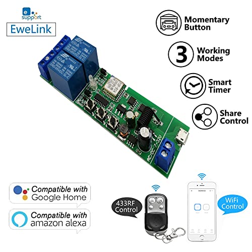 2-Channel Ewelink App Remote Control WiFi 433MHz RF Wireless Switch Relay, self-Locking, Interlock Mode, Used to Access and Control Smart Garage Doors, Compatible with Alexa Goolge - color: DC2+433, size: Ewelink