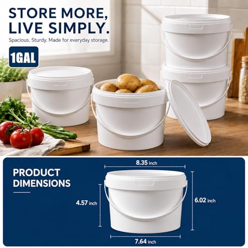 4 Pack 1.6 Gallon Plastic Bucket with Lid, Round Food Grade Large Storage Container for Water, Paint, Ice & Daily Use - color: White, size: 1.6 Gallon