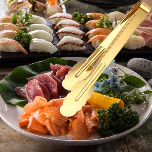 4 Pack Gold Serving Tongs and Spoons for Buffet, Stainless Steel Utensil Salad Tongs Serving Large Spoons for Banquet Catering,9 Inch