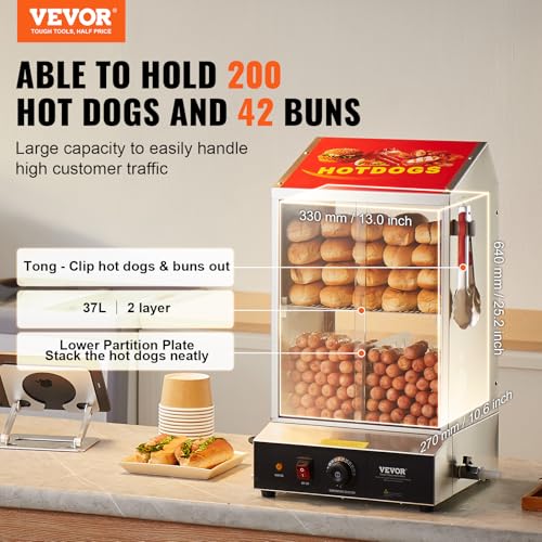 VEVOR Hot Dog Machine, 36 L, 2-Tier Hot Dog Steamer for 200 Hotdogs & 42 Buns, 1200W Electric Bun Warmer Cooker with Rotary Knob Temp Display - size: 2-Tier-38Qt