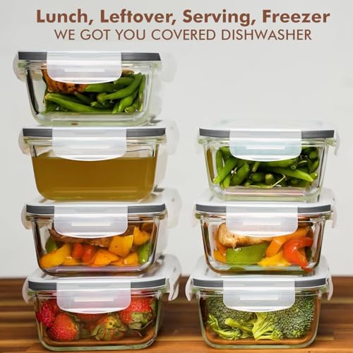 Razab 16 Pc (Set of 8) 30 Oz Glass Meal Prep Containers with Lids, Airtight Large Glass Food Storage Containers, Reusable Leak Proof BPA Free, Freezer to Oven and Dishwasher Safe - color: White