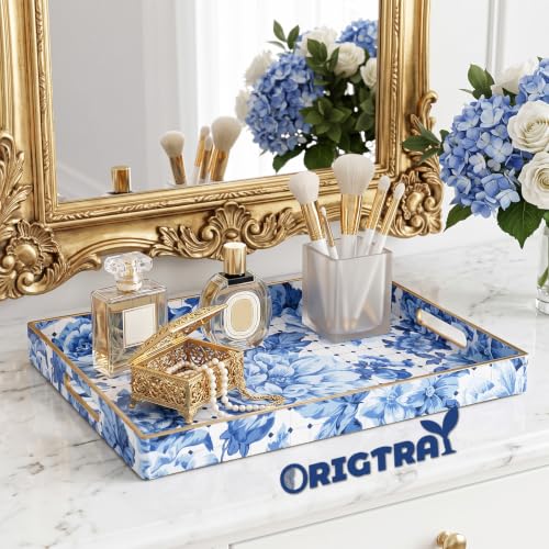 Serving Tray with Handles, Rectangular Plastic Tray 15.75x11.81 Inch, Decorative Tray for Kitchen, Dining Table, Vanity, Office & Home (Blue Peony, 15.8" x 11.8" x 1.6") - color: Blue Peony