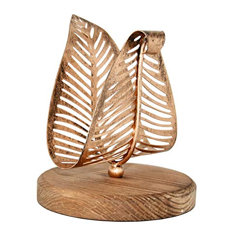 OwlGift Freestanding Modern Napkin Holder w/Bronze Metal Leaf & Brown Wooden Base Design, Tabletop Tissue Dispenser, Napkin Storage Organizer - color: Brown / Bronze