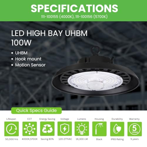 100W LED UFO High Bay Light - UHBM - 16300 Lumens - Motion Sensor - Hook Mount - UL Listed