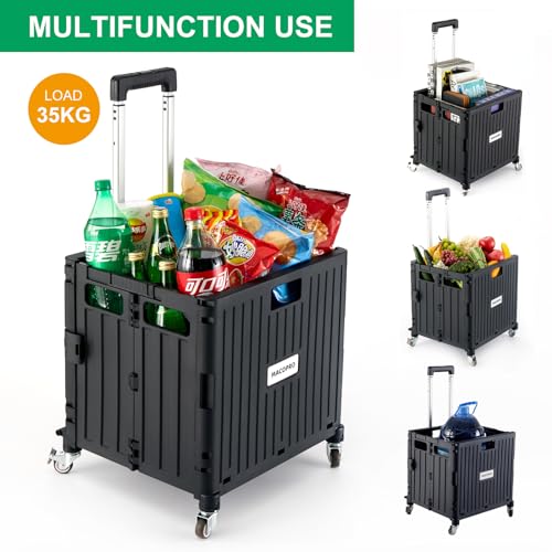 MACOPRO Folding Utility Cart Portable Rolling Crate Handcart Shopping Trolley Collapsible Tool Box, with Lid, Basket on 4 Rotate Wheels, for Grocery, Office, Luggage, Teacher (Black) - color: Black