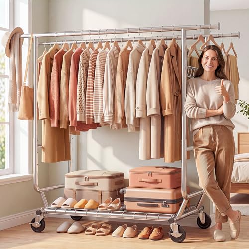 HOKEEPER Clothes Rack Heavy Duty Clothing Rack Load 650 LBS Collapsible Garment Rack with Wheels Double Rod Clothes Rack for Hanging Clothes Commercial Portable Closet Rack with Shelves 22"D*75"W*68"H - color: Chrome