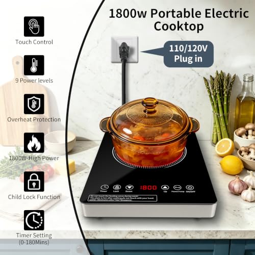 Single Burner Electric Cooktop,110V 1800W portable cooktop,single burner cooktop with LED Touch Control,9 Power Levels, 3H,Safety Lock, portable single cooktop Overheat protection - size: single Electric Cooktop