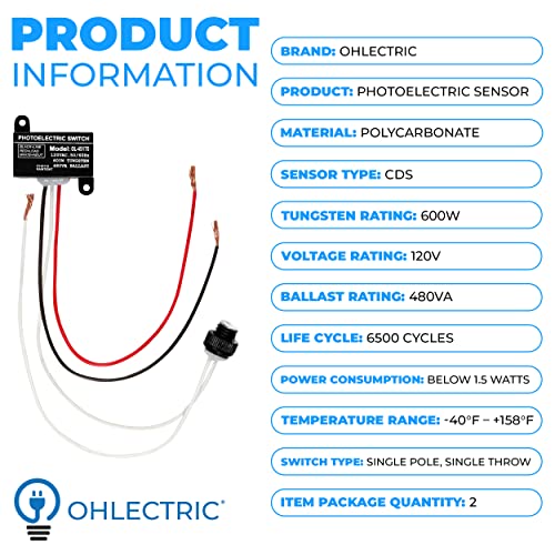 OhLectric Photoelectric Sensor - 120V Mini Flush Mount Photoelectric Switch - 600W Tungsten Rating - UL Listed & Weatherproof - Dusk to Dawn Photocell Sensor for Outdoor Lighting, Pack of 2 - OL-45170 - size: 120V Mini Flush Mount