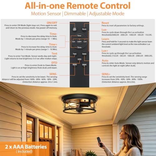 Dusk to Dawn Flush Mount Ceiling Light Fixtures, Motion Sensor for Porch - color: Black, size: 10"