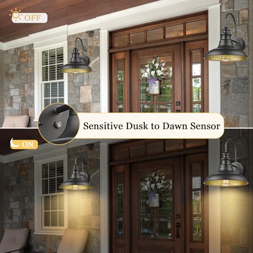 Dusk to Dawn Sensor Outdoor Barn Light Fixture, 12.3 Inch Dome Outdoor Wall Sconce Farmhouse Wall Mount Lights Exterior Light Fixture Black Finish Industrial Wall Lantern for Porch, 1Pack - color: Black, size: 01-DDRZ004-1PACK(Dusk to Dawn)
