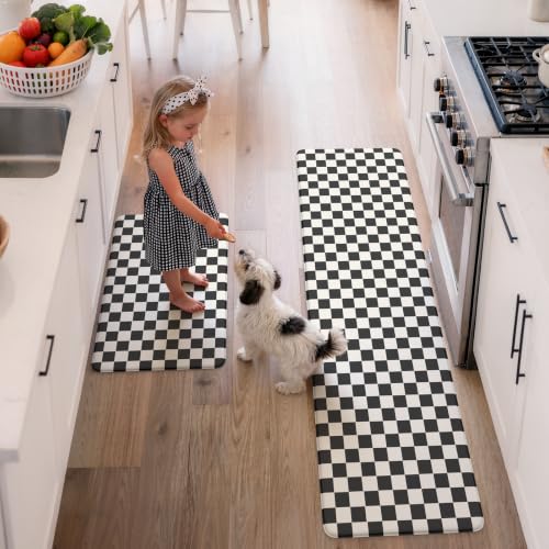 KIMODE Kitchen Mats Cushioned Anti Fatigue,Black and White Rugs for Kitchen - color: Black/White, size: 20" x 71"+20" x 32"--0.47 inches