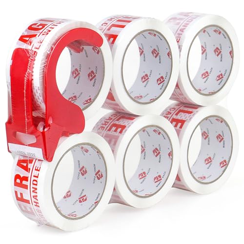 BOMEI PACK 6 Rolls Fragile Tape 2 Inch x 180 Feet (60 Yards) - Handle with Care Marking Tape, Fragile Packing Tape with Dispenser - Heavy Duty Fragiles Tape for Shipping and Moving Boxes