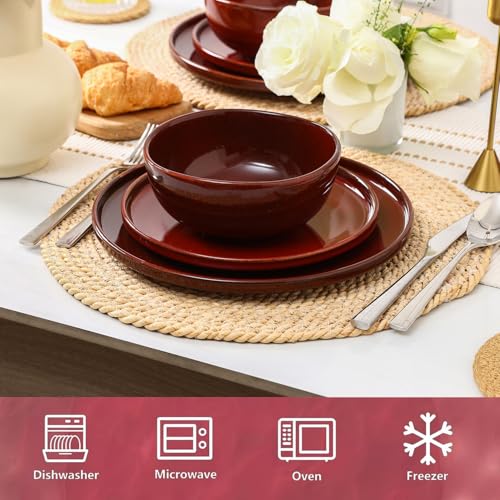 Vicrays Ceramic 12 Pieces Dinnerware Set - Dinner Plates Salad Plates Cereal Bowls Set Service for 4 - Scratch Resistant Microwave Oven Dishwasher Safe - Cherry Red - color: Cherry Red