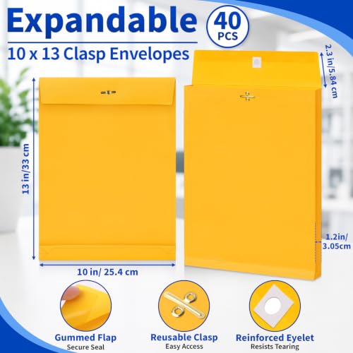40 Pack 10x13 In Expanding Manila Envelopes with Reusable Clasp and Gummed Seal 180 GSM Heavyweight Large Yellow Envelope Folders 1.2'' Expansion for Home Office Business Mailing Storage Organizing - size: 40pcs-10x13in