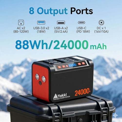 Takki Solar Generator 120W Peak Portable Power Station with 21W Solar Panel 88.8Wh Battery Power Bank with 110V AC Outlet for Camping RV Tent Home Outages Emergency - color: Orange Black