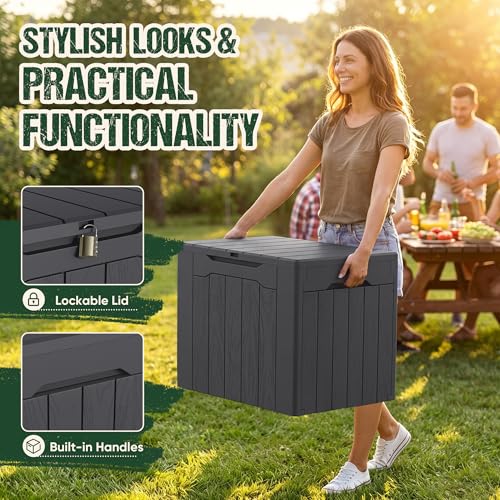 Devoko 29 Gallon Deck Box, Waterproof Resin Outdoor Storage Box - color: Gray, size: 29 Gallon