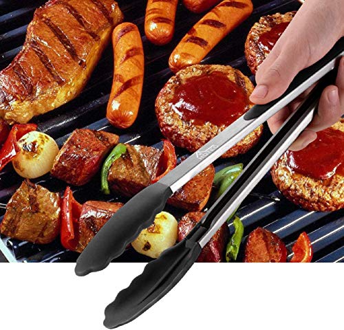 HOTEC Stainless Steel Kitchen Tongs with Silicone Tips, Set of 2-9" and 12" - color: Black:12+9inch