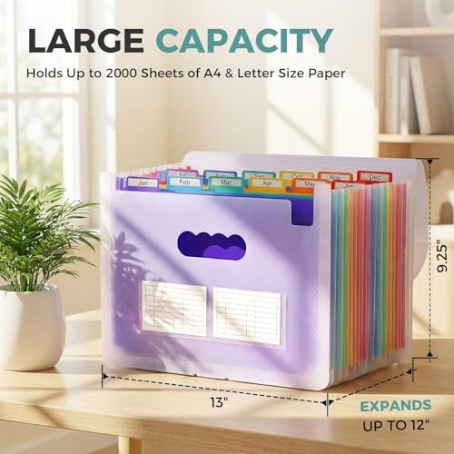 SKYDUE Accordion File Organizer, Expanding File Folder with 12 Pockets, Portable Document Paper Bill Receipt Organizer, Home School Office Supplies, Letter A4 Size Purple - color: Transparent