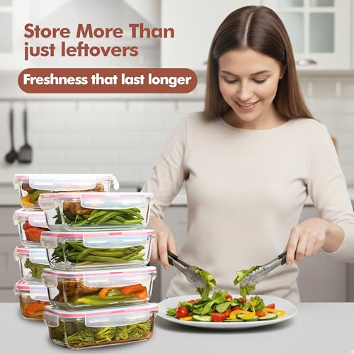 Razab 16 Pc (Set of 8) 30 Oz Glass Meal Prep Containers with Lids, Airtight Large Glass Food Storage Containers, Reusable Leak Proof BPA Free, Freezer to Oven and Dishwasher Safe - color: Pink