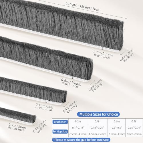 ZOMPAGO Brush Weather Stripping Door Window Seal, 0.9 in x0.4 x 32.8 FT - size: 1 Roll, 0.9 in x 0.4 in x 32.8 FT, Grey