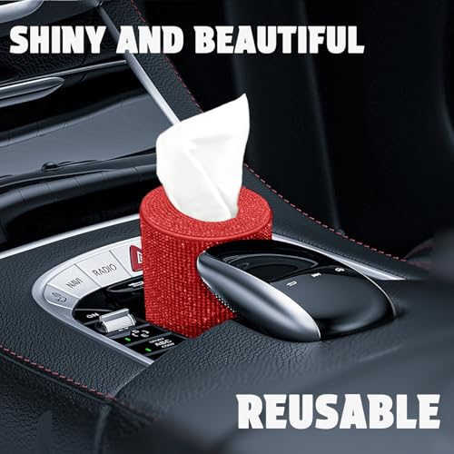 Bling Car Tissue Holder for Cup Holder – Sparkly Rhinestone Round Tissue Dispenser with 1 Pack Tissues – Fits Standard Auto Cup Holders – Stylish Car Interior Accessory for Women(RED) - color: Red
