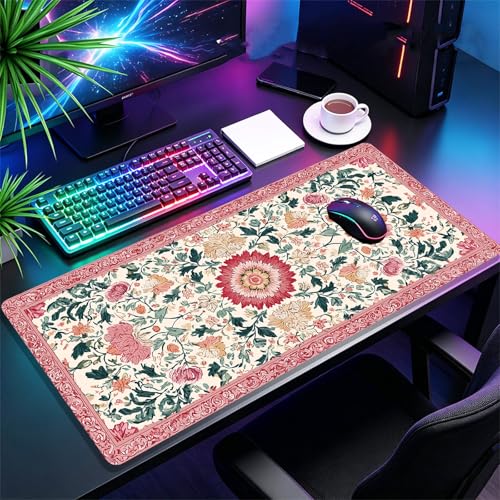 Pink Floral Large Gaming Mouse Pad with Stitched Edges,35.7" X 15.7" Thicken 3mm Extended Computer Office Desk Mat Pad,Gaming Mousepad Protector Non-Slip Rubber Base,Keyboard Mat Pink Desk Accessories - color: Classical Print