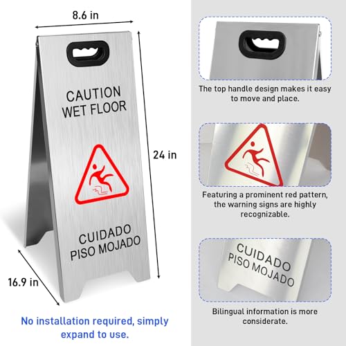 4 Pack Stainless Steel Wet Floor Sign, 24 Inch Caution Wet Floor Sign Portable Foldable Bilingual Safety Warning for Hotel Market Restroom Restaurant Office (Silver) - color: Silver