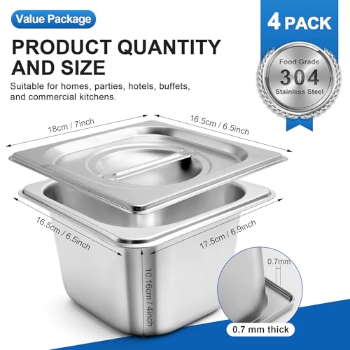 Philbinden 4 Pack Stainless Steel Hotel Pans 1/6 Size 4 Inch Deep With Lids, 0.7 mm Thick 304 Stainless Steel Hotel Pans for Ffor Home, Party, Hotel, Buffet Commercial Kitchen Use