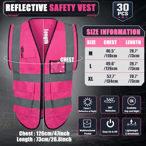 Leumoi 30 Pack Reflective Safety Vest with Pockets - color: Pink, size: Large