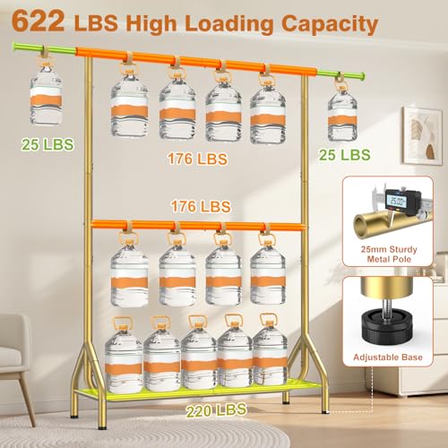 EAGMAK Double Rod Clothing Rack Load 622 LBS, Heavy Duty Clothes Rack for Hanging Clothes, 82.68 inch High Garment Rack with Storage Shelves, Metal Clothing Hanger Closet Wardrobe Organizer (Gold) - color: Gold, size: 43.3"×18.9"×82.68"( Leveling Foot)