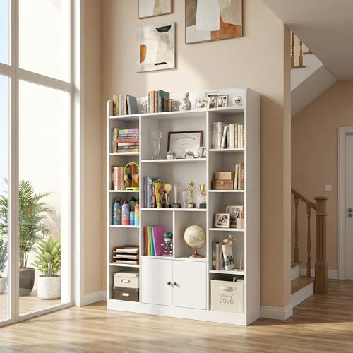 DIYART 63" Tall White Bookshelf with 14 Cubbies & 2 Cabinets, 5-Tier Large Bookcase, Freestanding Storage Shelf for Living Room, Study, Hallway, Home Office (41.3" W x 63" H) - color: White, size: 41.3"W x 63"H