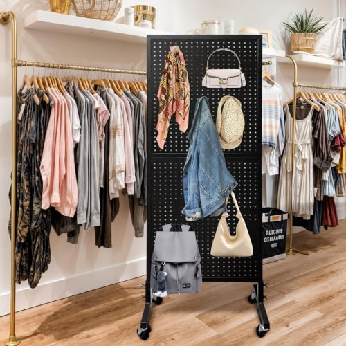 Royxen 5.3 x 1.9 Ft Standing Pegboard Display with T-Base, Locking Wheels and 20 Hooks, Metal Peg Board Display Stand for Craft Shows, Vendors and Retail Stores, Black - color: Black
