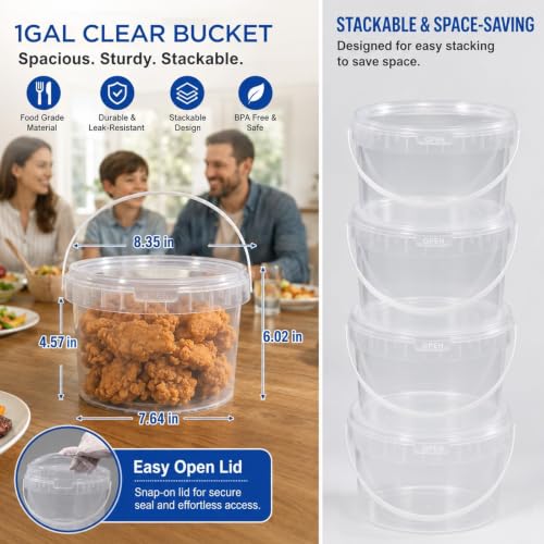 4 Pack 1 Gallon Food Storage Buckets with Lids and Handles, Transparent Round Plastic Containers for Pantry and Freezer - color: Transparent, size: 1 Gallon