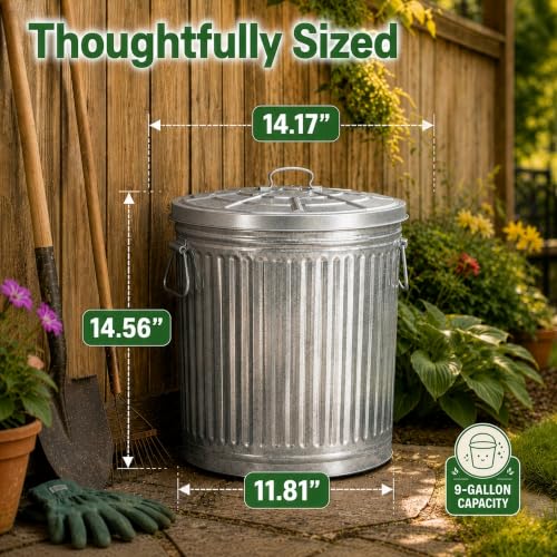 Gardenised Round Galvanized Steel 9 Gallon Trash Can with Lid and Handles Durable Metal Storage Bucket for Backyard Lawn Garden and Yard Use Weather-Resistant Garbage Can for Indoor and Outdoor - size: 9 Gallons