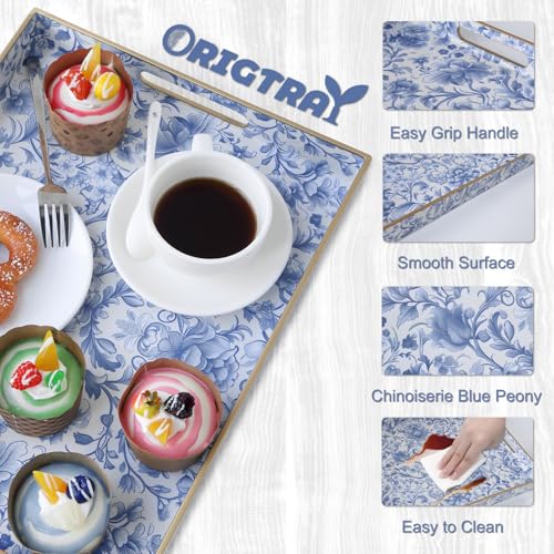 Serving Tray with Handles, Rectangular Plastic Tray 15.75x11.81 Inch, Blue and White Peony Chinese Porcelain Style Decorative Tray for Kitchen, Dining Table, Vanity, Office & Home - color: Blue and White Peony 1 Pc